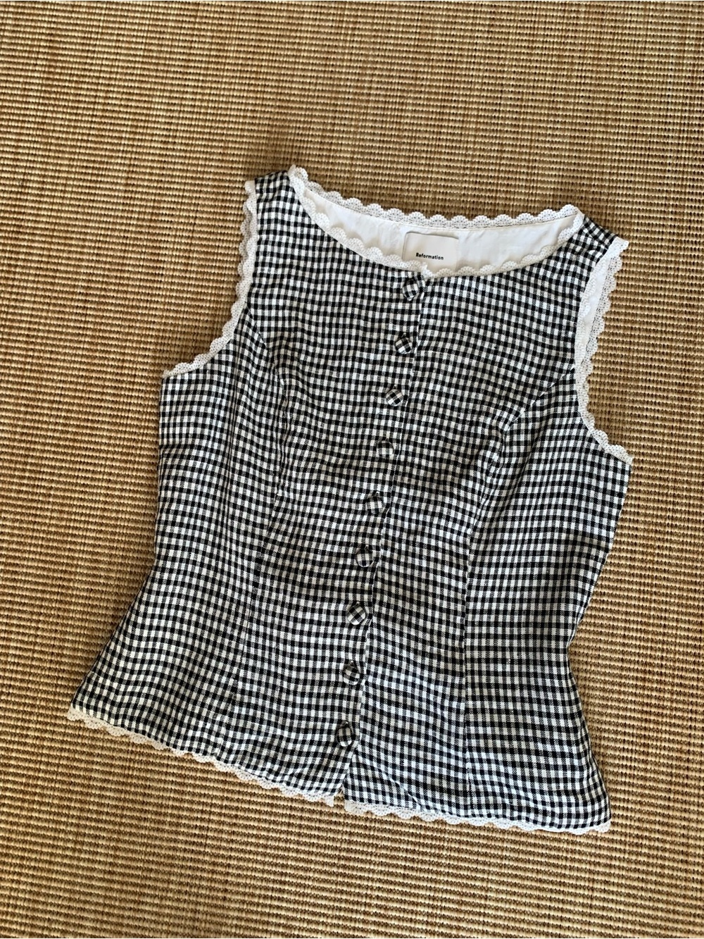 Reformation Amela Linen Gingham Button Lace Trim Sleeveless Top Remy Check Black - Picture 6 of 10